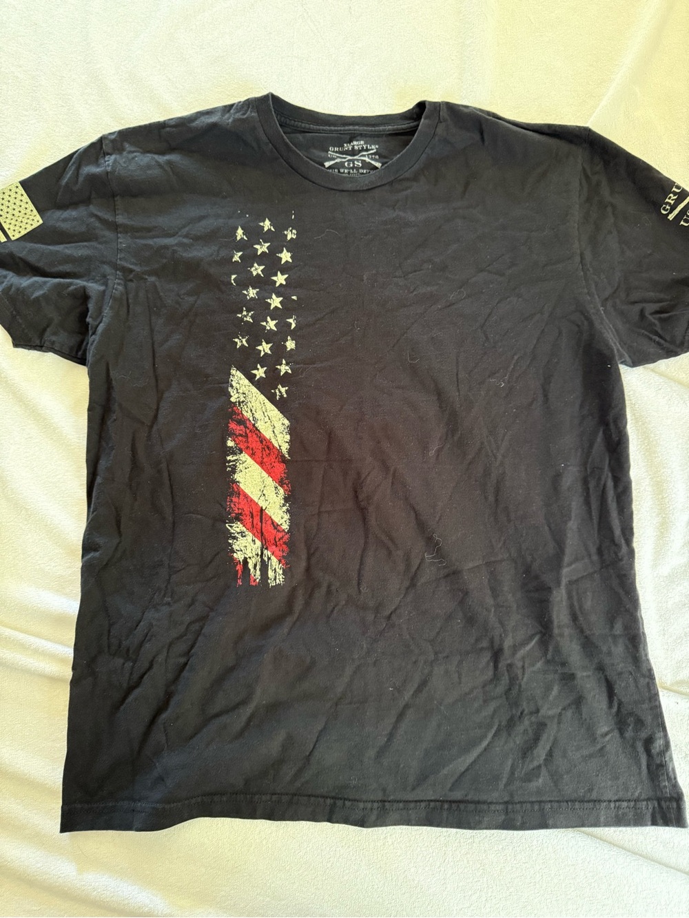 Grunt Style Black Short Sleeve Tee with Red and Cream Flag Accent